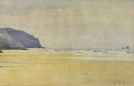 Thomas Cooper Gotch (1854-1931)  
Watercolour 
Beach scene with peninsula in the background, signed,