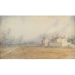 English school 
Watercolour
Farmhouse and ploughed fields in foreground, hills in background,