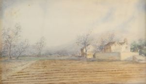 English school 
Watercolour
Farmhouse and ploughed fields in foreground, hills in background,