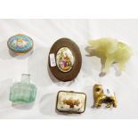 A Halcyon Days enamel pillbox, a Limoges style pillbox, a brass model of a cat,