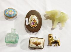 A Halcyon Days enamel pillbox, a Limoges style pillbox, a brass model of a cat,