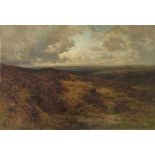 Charles James Adams (1859-1931)
Oil on canvas board
Heather covered moorland with birds flying in