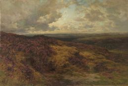 Charles James Adams (1859-1931)
Oil on canvas board
Heather covered moorland with birds flying in