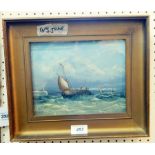 A Robins 
Oil on board 
Fishing boats off the coast, signed and dated 1881,