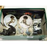 Two Brownie Downing mini plates, Oriental lacquered picture, a scary pottery black cat,