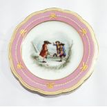 Porcelain plate, scalloped and painted with 18th century scene, boys playing in a wood,