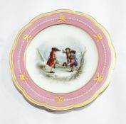 Porcelain plate, scalloped and painted with 18th century scene, boys playing in a wood,