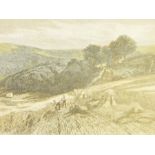 Handcoloured bookplate engraving "A Surrey cornfield by V.