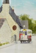 M King (contemporary) 
Watercolour
Gloucestershire Dairy milk float outside The Plough Inn,