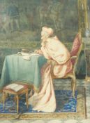 B De Sanetis(?) 
Watercolour drawing 
Interior scene, cardinal at desk, signed bottom left,
