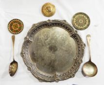 A collection of sundry silver plate to include cutlery, mugs, dish, etc.