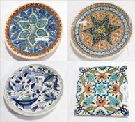 Isnik pottery tile and three similar dishes