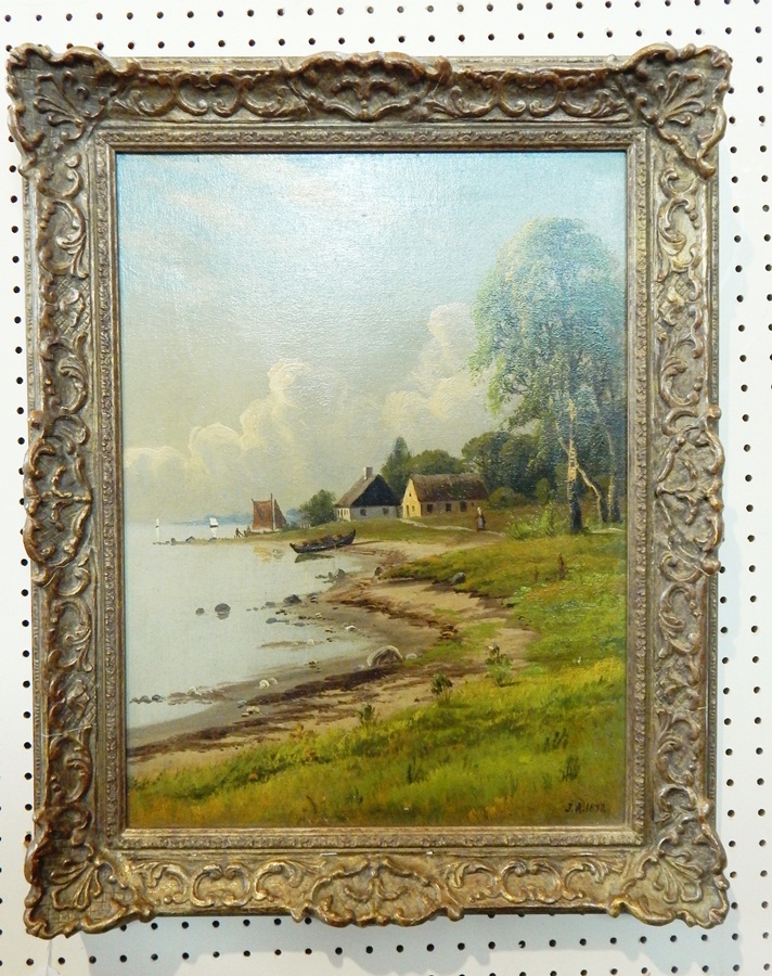 J A 1892
Oil on canvas 
Cottages by the shore, with boats pulled up on beach, initialled and dated, - Image 2 of 2