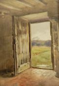 Charles James Adams (1859-1931)
Watercolour sketch 
Open door looking out onto moorlands, 38cm x 26.