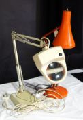 Orange anglepoise lamp together with anglepoise magnifying light (2)