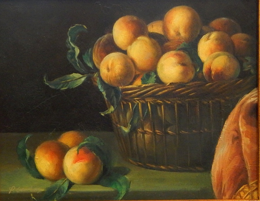 P Carlos (contemporary) 
Oil on board
Still life study of peaches, signed,