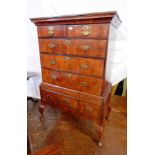 18th century walnut chest on stand, with two short and three long graduated drawers in top section,