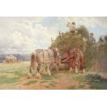 Charles James Adams (1859-1931)
Watercolour
Haymaking with horse and cart, signed,