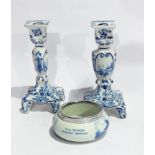 Pair Dutch Delft table candlesticks decorated in underglaze blue,