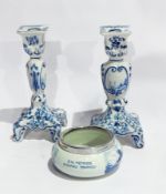 Pair Dutch Delft table candlesticks decorated in underglaze blue,
