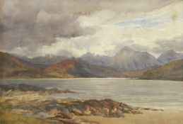 Charles James Adams (1859-1931)
Watercolour
Shoreline scene with hills and mountains, 18.