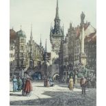 Two handcoloured etchings of Continental cities,