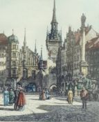 Two handcoloured etchings of Continental cities,