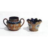 Royal Doulton stoneware two-handled ribbed pot, flowerhead decorated,