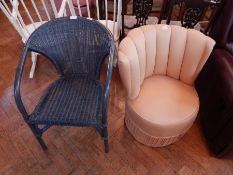 A bamboo and wicker green chair and a shell-backed cream upholstered chair (2)