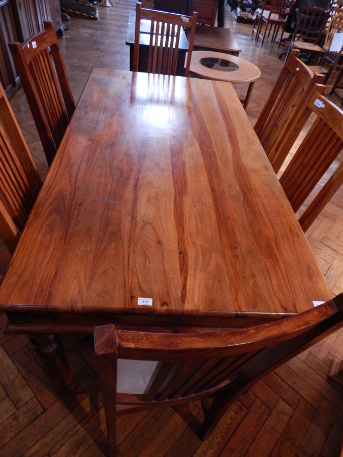 A modern 20th century table on bobbin and cylindrical supports together with six matching stickback