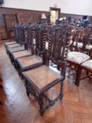 Six Victorian highback chairs with floral engraving, spirally twisted supports,