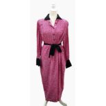 A Balenciaga pink silk shirt dress with black collar and sash,