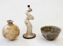 Three various items of studio pottery to include scrolling horn-shaped vase/candlestick with cream