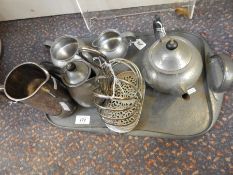 Tudric hammered pewter tea service for Liberty's, comprising teapot, hot water jug, sugar bowl,