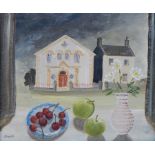 Judith Moy 
Acrylic 
Fruit on windowsill with buildings opposite, labelled verso,