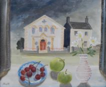 Judith Moy 
Acrylic 
Fruit on windowsill with buildings opposite, labelled verso,