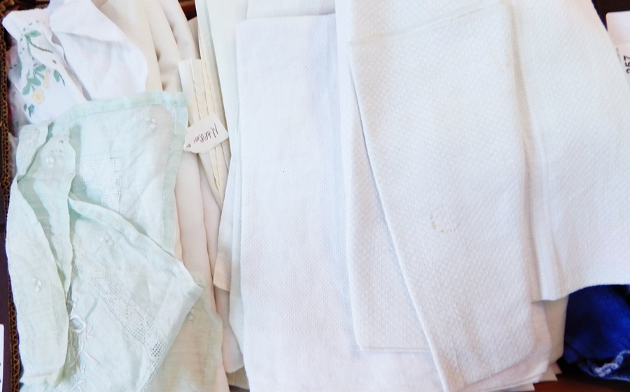 Various cotton and flannelette sheets, linen hand towels, etc.