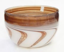 20th century glass bowl having mushroom and white line border with whorl panel design to the body,