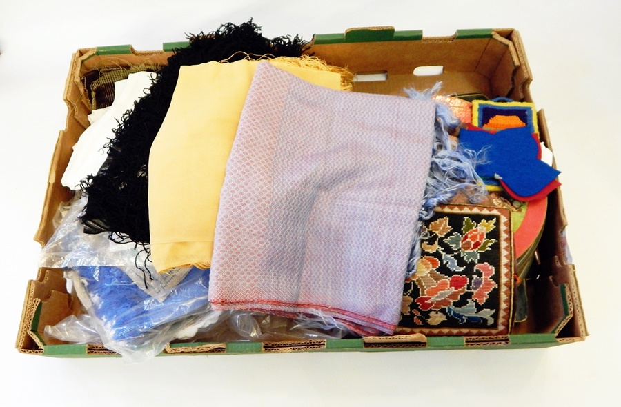 Three various shawls, table linen, table mats, etc.