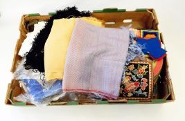 Three various shawls, table linen, table mats, etc.