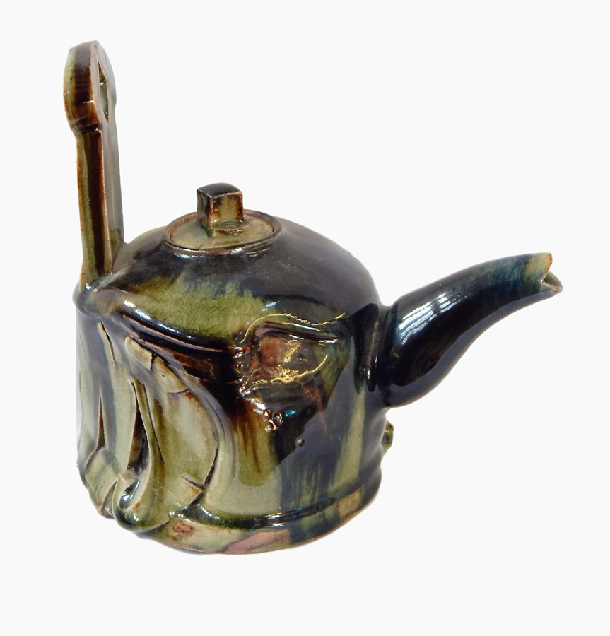 Terry Bell Hughes stoneware teapot, elephant decoration to side,