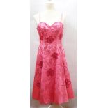 A pink satin 1950's cocktail dress with ribbon embroidery, glass beads, spaghetti straps,