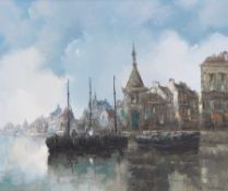 Roel Dozeman (1917-1996) Oil on canvas Continental estuary scene with fishing boats and buildings,