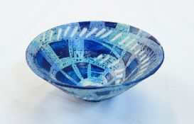 Caroline Genders 
Studio pottery flared rim bowl, painted blue line decoration,