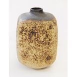 Studio pottery square-shaped bottle vase, oxidised black neck and shoulders to speckled body,