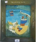 Hazel Brown 
Oil on panel 
Fishing boats heading for harbour, house beach and fishing boats,