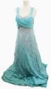A blue lace and chiffon 1950's evening dress with embroidered gilt detail together with a 1980's