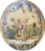 18th century embroidered silk picture of two children in an oval frame,