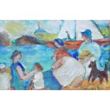 Jeanine 99 
Acrylic on board 
Women and children on an estuary bank with boat in background,