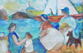 Jeanine 99 
Acrylic on board 
Women and children on an estuary bank with boat in background,